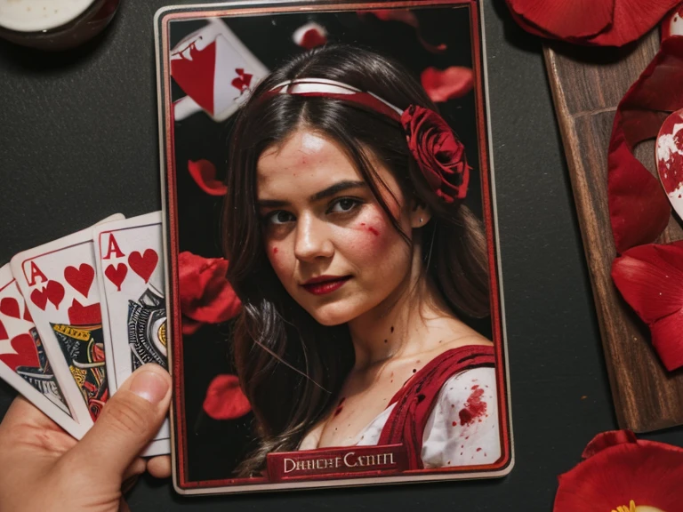 Develop an image.

"A crimson-stained student ID card lying on black marble, partially covered by playing cards and rose petals. One card – the Queen of Hearts – is splattered with ink that looks suspiciously like blood."