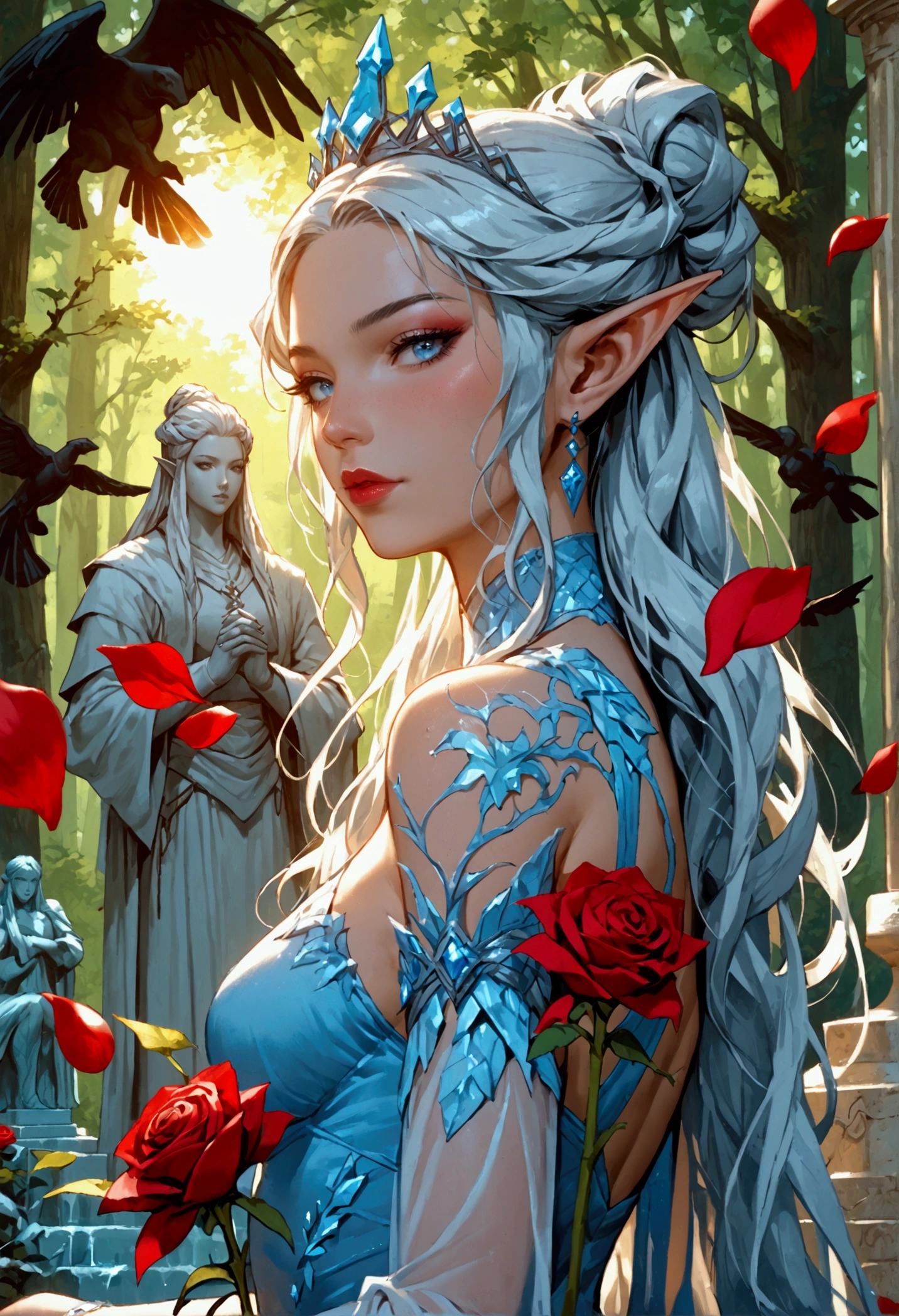 score_9, score_8_up, score_7_up, score_6_up, score_5_up, score_4_up,, anime comic illustration fantasy art, an ((ice statue: 1.5))  of an a beautiful female elf standing in forest, red rose petals swirling around the ice statue, full body statue made from ice, beautiful elf, long icy hair strands, wearing icy dress, flowing rose petals, swirling rose petals, fantasy forest background, it is dawn the sun rays reflect on the ice statue, sun rays hit the rose petals, ((high contrast: 1.5), [[anatomically correct]], high details, best quality, 8k, [ultra detailed], masterpiece, best quality, (extremely detailed), dynamic angle, ice queen