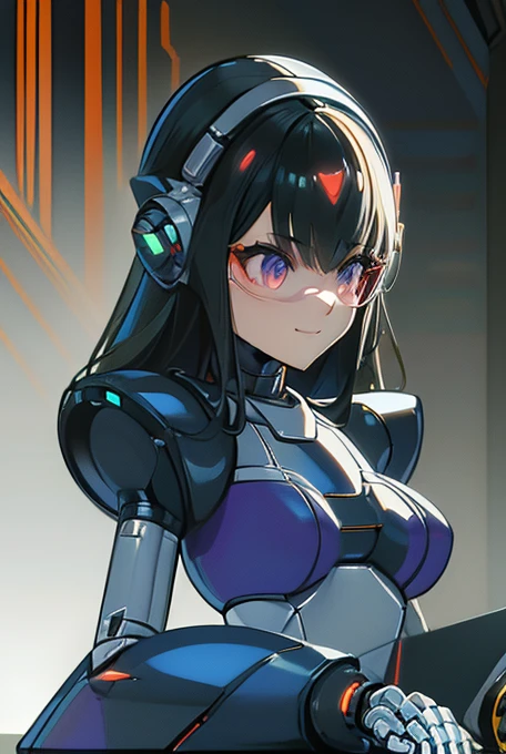 (masterpiece),(Highest quality),(Super detailed),(Best illustrations),(Best Shadow),(Absurd),(Detailed Background),(so beautiful), 16K, 8K, 4K,(Best Shadow),robotization,woman ,big bust,Robot Joint ,Metal skin,Black robot Suit,long hair,a black robot suit that covers the whole body,robot hand,cyber bodysuit,mecha head,(Detailed hands and fingers:1.2),Ball joint robot body,doll joint,beautiful face,beautiful robot girl,robotic eye,robotic hands,(no more human skin),android girl,cyborg girl,F cup, sexy body,(machine made joints:1.2),(machanical limbs:1.1),(blood vessels connected to tubes),(mechanical vertebra attaching to back),(mechanical cervial attaching to neck),no messy picture style,no emotion,tech control,black robot suit,maintenance,smile,mega man