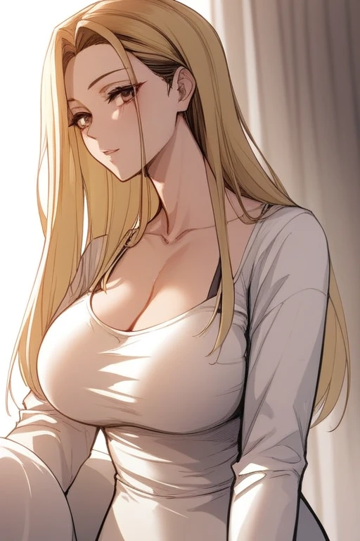 score_9, score_8_superior, score_7_superior, Hi、he, Brown eyes, Blonde, Multicolored Hair, Long Hair,Round neck ,White tight T-shirt、Long sleeve、Are standing,Big Breasts、black long camisole dress、turn around、Cleavage