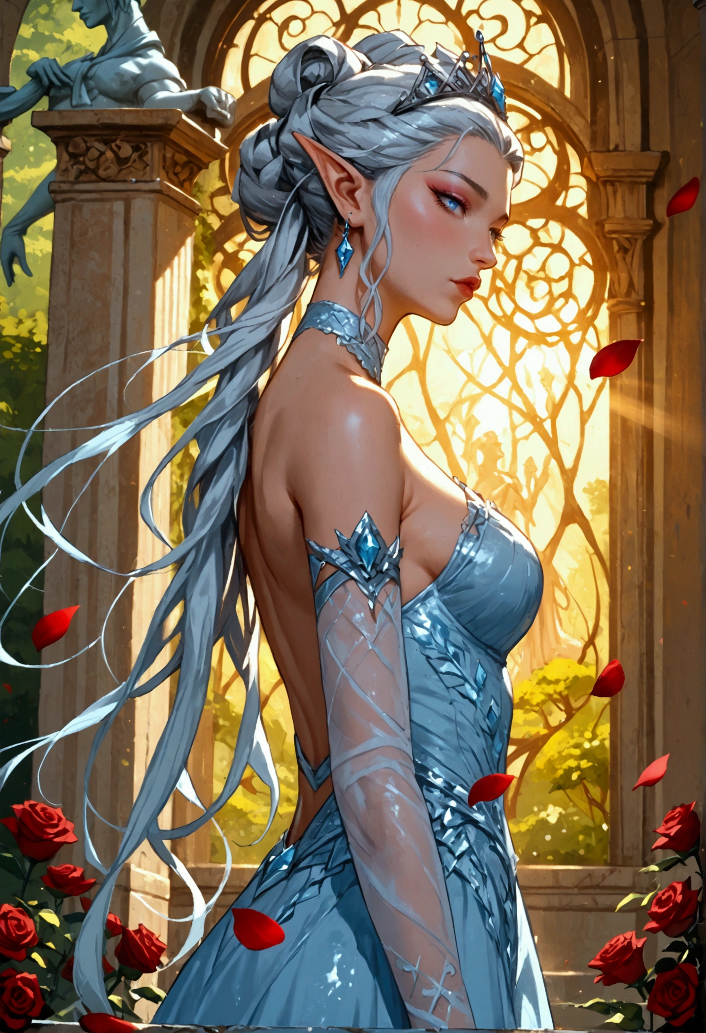 score_9, score_8_up, score_7_up, score_6_up, score_5_up, score_4_up,, anime comic illustration fantasy art, an ((ice statue: 1.5))  of an a beautiful female elf standing in forest, red rose petals swirling around the ice statue, full body statue made from ice, beautiful elf, long icy hair strands, wearing icy dress, epic flowing (rose petals: 1.3), swirling rose petals, fantasy forest background, it is dawn the sun rays reflect on the ice statue, sun rays hit the rose petals, ((high contrast: 1.5), [[anatomically correct]], high details, best quality, 8k, [ultra detailed], masterpiece, best quality, (extremely detailed), dynamic angle, ice queen