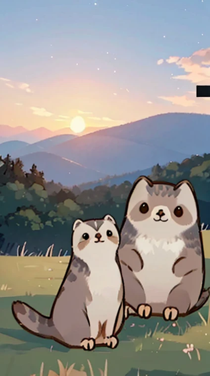 otters/Standing on the mountaintop/owl，Hold a small cloud in your hand / smile and look into the distance / The scenery illuminated by the sunset is breathtakingly beautiful。