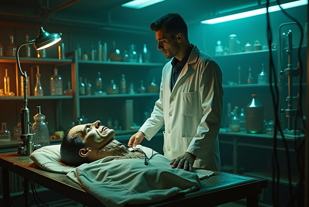 Realistic, the theme is "retro science fiction", a doctor in a white coat and the artificial human Frankenstein, a dimly lit old laboratory, suspicious flasks and glass laboratory equipment, Frankenstein with a terrifying face and electrodes attached lying down, a side view of Frankenstein's grotesque appearance depicted in detail, sophisticated design, advanced lighting technology, live-action photo 8K quality