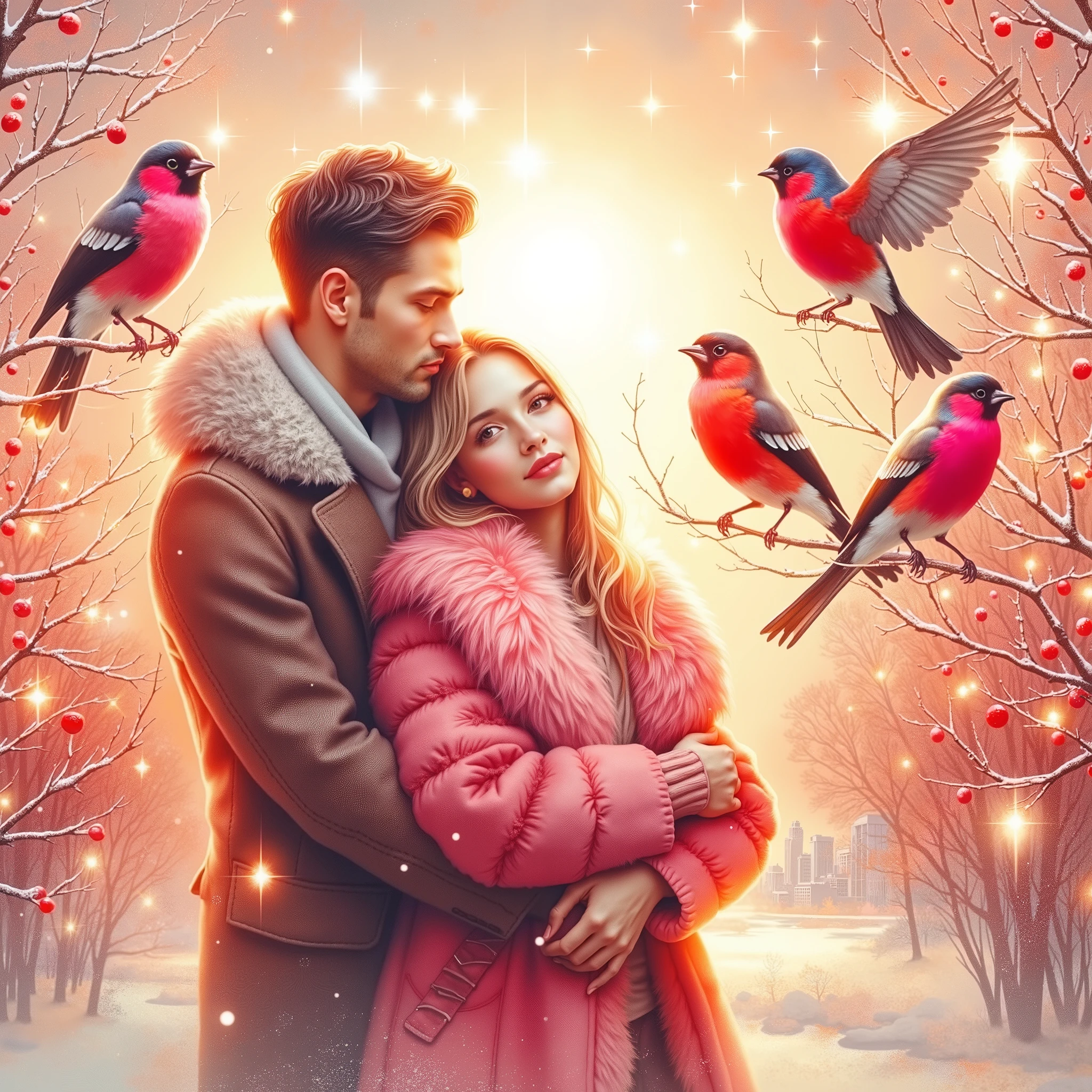 (((EXTREMALLY DETAILED ULTRAREALISTIC FOREGROUND: 1.4))) It's a beautiful SNOWY scene of WINTER with SNOWBIRDS in vibrant PINK-RED-BURGUNDY hues and HOLOGRAPHICBLIKS SNOWFLAKES sparkling in bokeh light, aBLONDE 18 YEARS SMILE WOMAN EMOTIONAL EXPRESSIVE PASSIONATE HUGS (((30 YEARS MUSCULAR BRUTAL MAN))) WITH SHORT BLACK HAIR, standing TOGETHER. ON PASTEL BACK SNOWY TREES WITH BULLFINCHES AND RED BERRIES, illuminating branches in warm sunlight, creating a peaceful and golden mood. Paint a dreamy hazy breezy wet on wet watercolour artwork, using minimal paints and maximum loose water effects, WINTER colour palette, PERFECT composition, minimalist, impressionist, with no text. MODERN CASUAL WINTER COATS. ON BACKGROUND PASTEL MOODY SKYSCRAPERS. bokeh ethereal beautiful fantastic view Golden ratio dreamy nostalgic Atmospheric melancholy natural light Tran Nguyen rules of third Visual Poetry fog and smoke unfiltered creativity minimal paint and water effects beautiful WINTER palette Dreamy Hazy Breezy (((2D FOGGY PASTEL BACKGROUND: 1.2))) (((GOLD GLOSSING DETAILES JEWELLERY,SPARKLING TRANSPARENT STONES)))