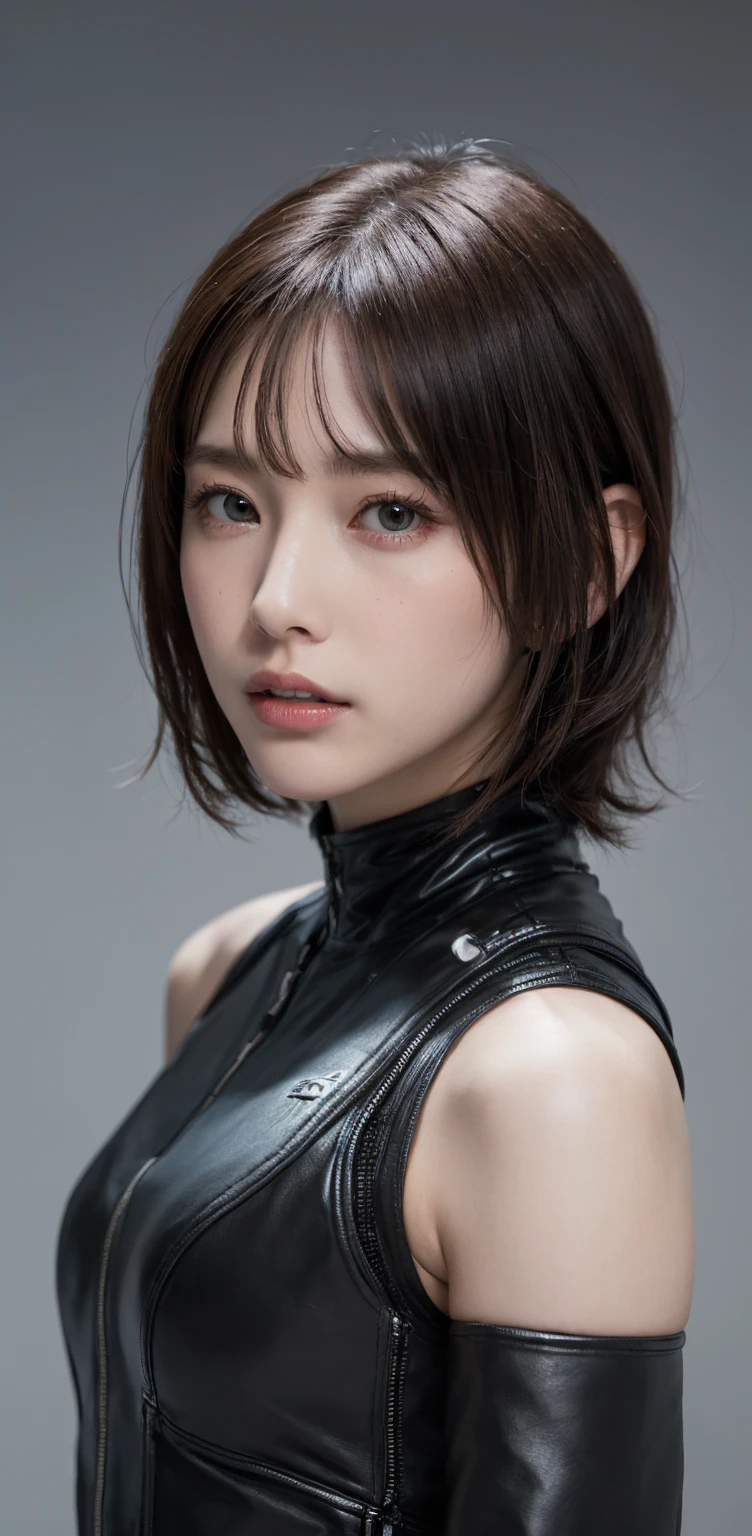 solo,  turning your gaze ,  high definition , masterpiece,  anatomically correct,  best quality, accurate,  Ultra High Definition,  textured skin ,  8k octane,  very short hair with bangs、woman、 Cyberpunk World、futuristic black battle suit 、 simple background, 