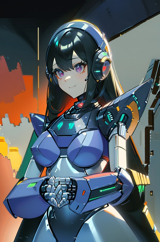 (masterpiece),(Highest quality),(Super detailed),(Best illustrations),(Best Shadow),(Absurd),(Detailed Background),(so beautiful), 16K, 8K, 4K,(Best Shadow),robotization,woman ,big bust,Robot Joint ,Metal skin,Black robot Suit,long hair,a black robot suit that covers the whole body,robot hand,cyber bodysuit,mecha head,(Detailed hands and fingers:1.2),Ball joint robot body,doll joint,beautiful face,beautiful robot girl,robotic eye,robotic hands,(no more human skin),android girl,cyborg girl,F cup, sexy body,(machine made joints:1.2),(machanical limbs:1.1),(blood vessels connected to tubes),(mechanical vertebra attaching to back),(mechanical cervial attaching to neck),no messy picture style,no emotion,tech control,black robot suit,maintenance,smile,mega man