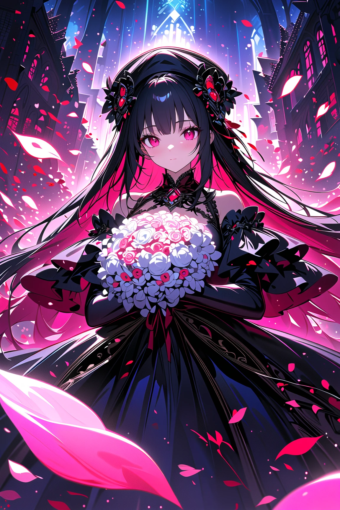 1girl,,face not visible,black Gothic dress,black hat,white bouquet,(holding white bouquet),standing,front,(black petals flying in profusion),Rain of petals,many petals,innumerable petals,petals floating in the air,Art Deco,Color Field painting,rococo style,chiaroscuro,cinematic lighting,large quantity of petals,night,dark fantasy,graveyard background,masterpiece,best quality,ultra detailed,8k portrait,unity 8k wallpaper,super fine illustration