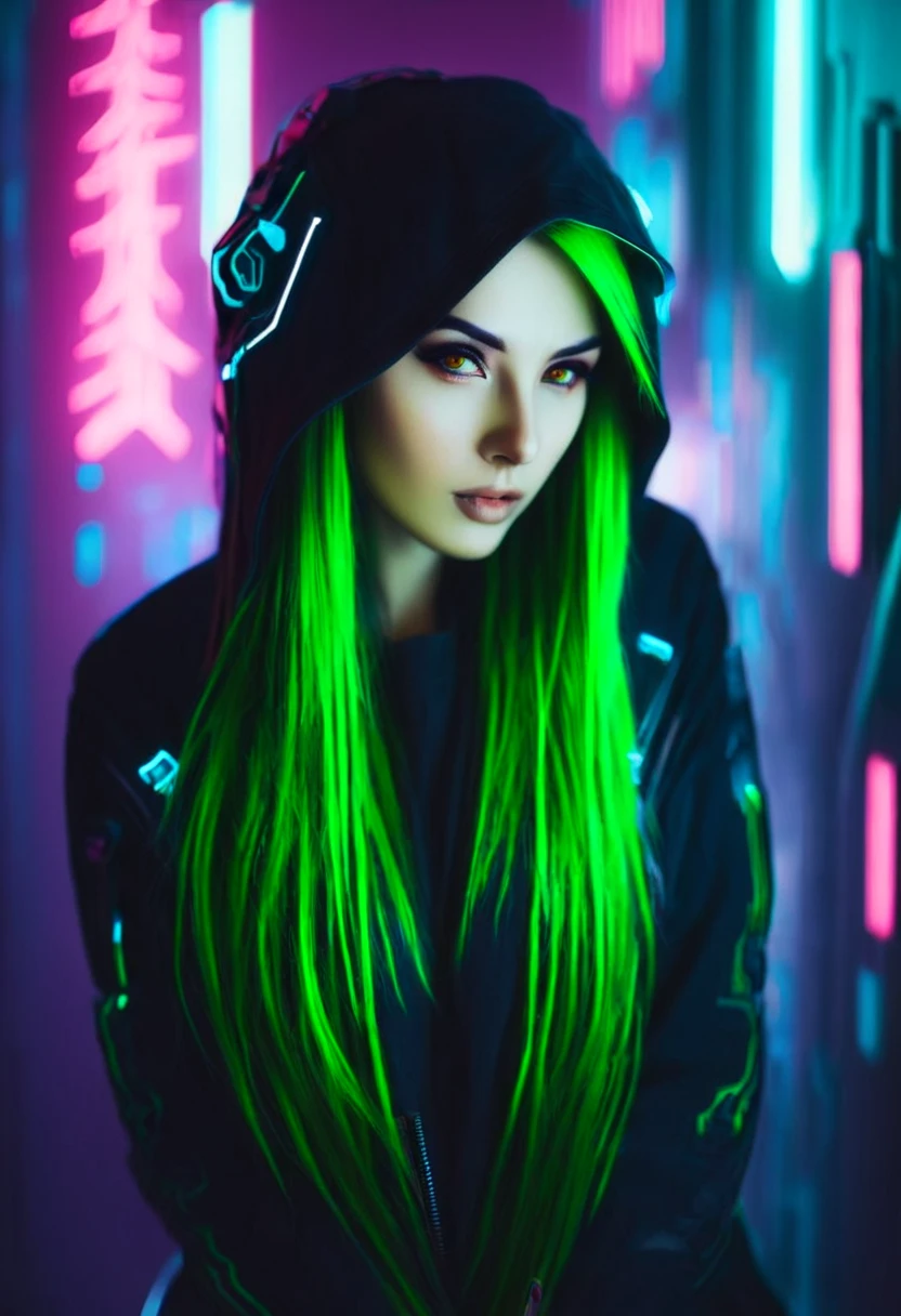 a girl with long hair and neon green lights in her hair, cyberpunk beautiful girl, dreamy cyberpunk girl, has cyberpunk style, cyberpunk girl, beautiful cyberpunk woman model, cyberpunk woman, cyberpunk girl portrait, cyberpunk women, bright cyberpunk glow, jet black haired cyberpunk girl, beautiful cyberpunk girl face