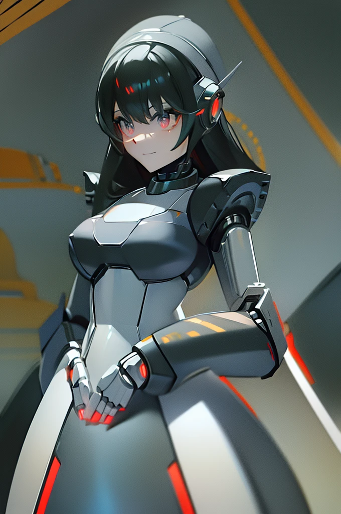 (masterpiece),(Highest quality),(Super detailed),(Best illustrations),(Best Shadow),(Absurd),(Detailed Background),(so beautiful), 16K, 8K, 4K,(Best Shadow),robotization,woman ,big bust,Robot Joint ,Metal skin,Black robot Suit,long hair,a black robot suit that covers the whole body,robot hand,cyber bodysuit,mecha head,(Detailed hands and fingers:1.2),Ball joint robot body,doll joint,beautiful face,beautiful robot girl,robotic eye,robotic hands,(no more human skin),android girl,cyborg girl,F cup, sexy body,(machine made joints:1.2),(machanical limbs:1.1),(blood vessels connected to tubes),(mechanical vertebra attaching to back),(mechanical cervial attaching to neck),no messy picture style,no emotion,tech control,black robot suit,maintenance,smile,mega man