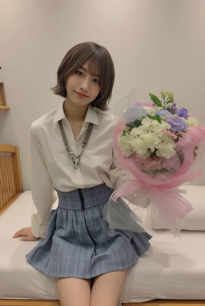 footを開く、32K,   best quality, masterpiece, Realistic,   super detailed,    A headshot of a cute 25-year-old Japanese woman ,   high definition , Alone、 (barefoot、  white blouse 、  blue plaid pleated skirt)、( foot:1.3)、((The upper body is wearing a uniform))、(((((  Strong)))))、(((whole body)))、((( thigh)))、bedroom、  on the bed、  sitting 、((  focus on crotch  )),  real skin texture,
  nudes,
