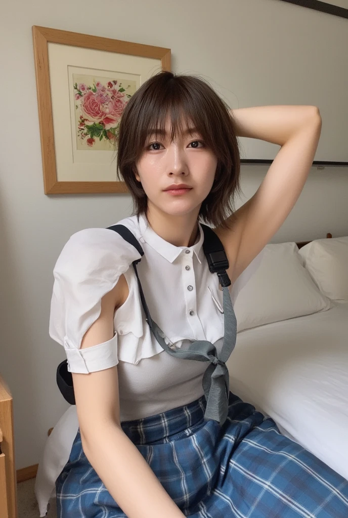 footを開く、32K,   best quality, masterpiece, Realistic,   super detailed,    A headshot of a cute 25-year-old Japanese woman ,   high definition , Alone、 (barefoot、  white blouse 、  blue plaid pleated skirt)、( foot:1.3)、((The upper body is wearing a uniform))、(((((  Strong)))))、(((whole body)))、((( thigh)))、bedroom、  on the bed、  sitting 、((  focus on crotch  )),  real skin texture,
  nudes,
