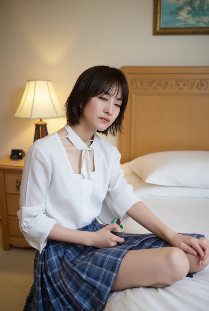 footを開く、32K,   best quality, masterpiece, Realistic,   super detailed,    A headshot of a cute 25-year-old Japanese woman ,   high definition , Alone、 (barefoot、  white blouse 、  blue plaid pleated skirt)、( foot:1.3)、((The upper body is wearing a uniform))、(((((  Strong)))))、(((whole body)))、((( thigh)))、bedroom、  on the bed、  sitting 、((  focus on crotch  )),  real skin texture,
  nudes,
