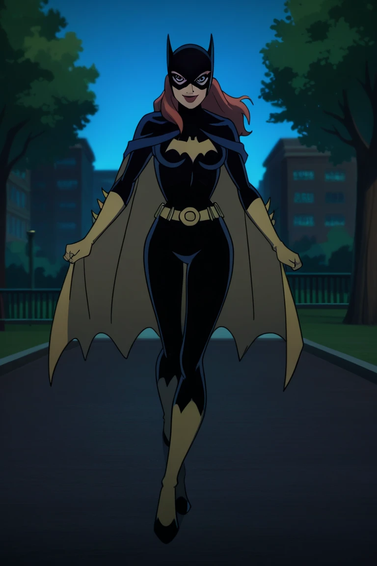 BarbaraG, 1girl, solo, blue long cape, blue cloak, blue mask, belt, blue eyes, superhero, long hair, lipstick, batgirl, park, smile, standing, (cape covering full body)