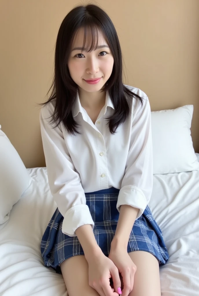 best image quality、realistically、Shining beautiful skin、1 female、Early 20s、bed、idol sculpture、school uniform、uniform skirt、black stockings、white panties、thin、smile at the camera、