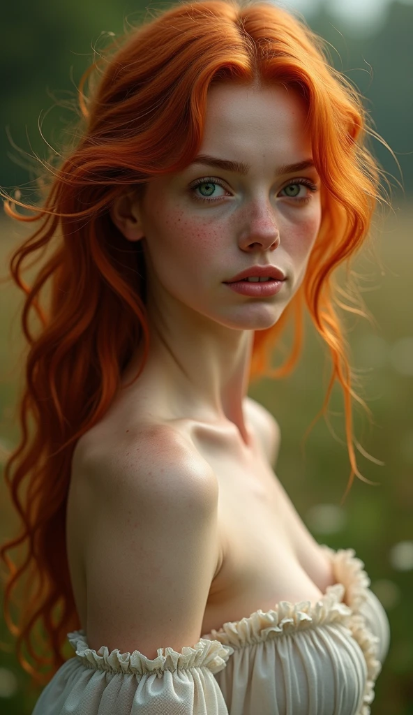 naked redhead woman posing in a field with a tree, redhead girl, redhead, soft red skin, redhead goddess, soft and curved nude shape, Red head, natural soft pale skin, soft and pale skin, redhead woman, cute naked young redhead girl, beautiful redhead woman, Beautiful upper body, ( redhead, beautiful curves, she is redhead, soft pale white skin, she has red hair, naked, well defined nipples, big breasts.