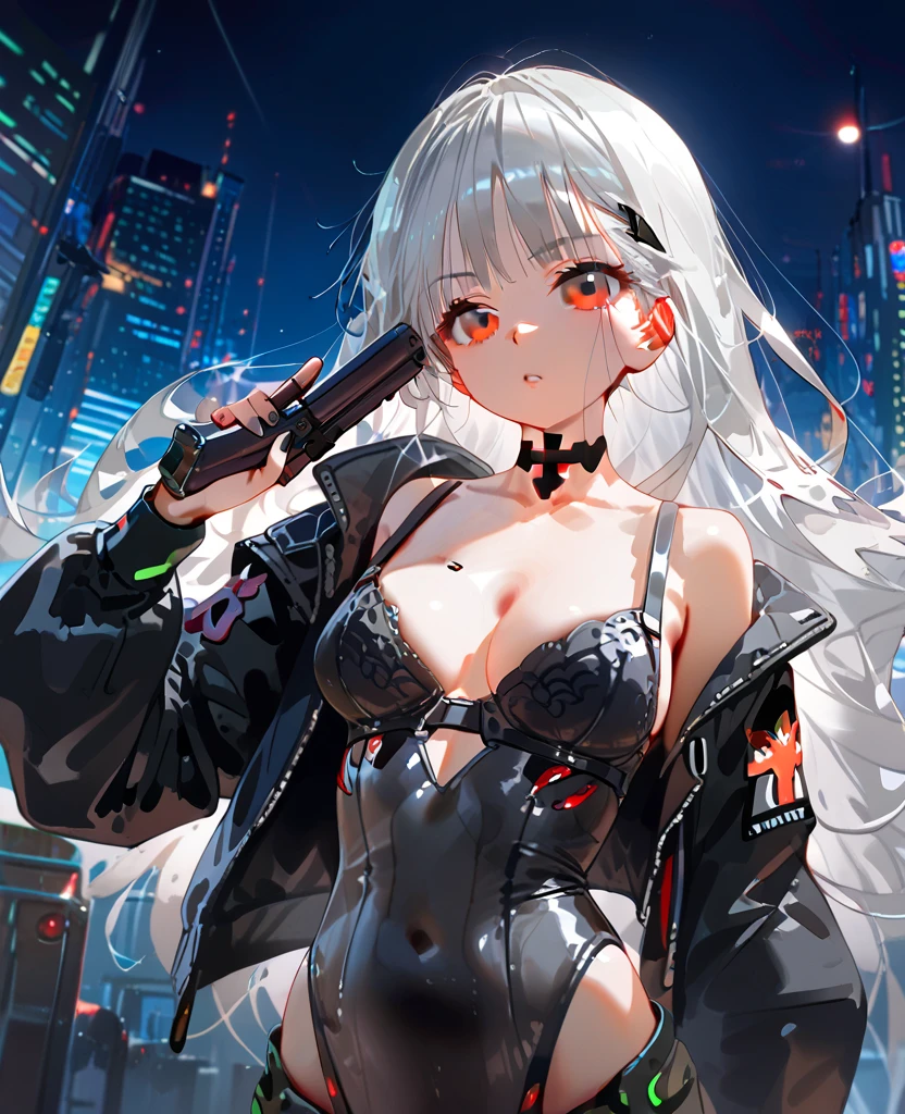 1girl, slim, pale. two tone hair, black and silver hair, wavy hair, red eyes, Futanari, cock, android. Cyberpunk, post apocalyptic, light, foliage, black outfit, militia. Post apocalyptic outfit, black bra, cyberpunk accessories, gun. Silver implants, gilded, night city, fancy cars. Blade runner. Jacket. Leotard. Leather strap.