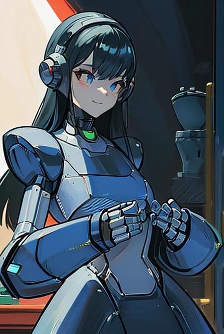 (masterpiece),(Highest quality),(Super detailed),(Best illustrations),(Best Shadow),(Absurd),(Detailed Background),(so beautiful), 16K, 8K, 4K,(Best Shadow),robotization,woman ,big bust,Robot Joint ,Metal skin,Black robot Suit,long hair,a black robot suit that covers the whole body,robot hand,cyber bodysuit,mecha head,(Detailed hands and fingers:1.2),Ball joint robot body,doll joint,beautiful face,beautiful robot girl,robotic eye,robotic hands,(no more human skin),android girl,cyborg girl,F cup, sexy body,(machine made joints:1.2),(machanical limbs:1.1),(blood vessels connected to tubes),(mechanical vertebra attaching to back),(mechanical cervial attaching to neck),no messy picture style,no emotion,tech control,black robot suit,maintenance,smile,mega man