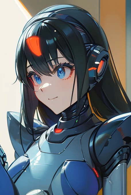 (masterpiece),(Highest quality),(Super detailed),(Best illustrations),(Best Shadow),(Absurd),(Detailed Background),(so beautiful), 16K, 8K, 4K,(Best Shadow),robotization,woman ,big bust,Robot Joint ,Metal skin,Black robot Suit,long hair,a black robot suit that covers the whole body,robot hand,cyber bodysuit,mecha head,(Detailed hands and fingers:1.2),Ball joint robot body,doll joint,beautiful face,beautiful robot girl,robotic eye,robotic hands,(no more human skin),android girl,cyborg girl,F cup, sexy body,(machine made joints:1.2),(machanical limbs:1.1),(blood vessels connected to tubes),(mechanical vertebra attaching to back),(mechanical cervial attaching to neck),no messy picture style,no emotion,tech control,black robot suit,maintenance,smile,mega man