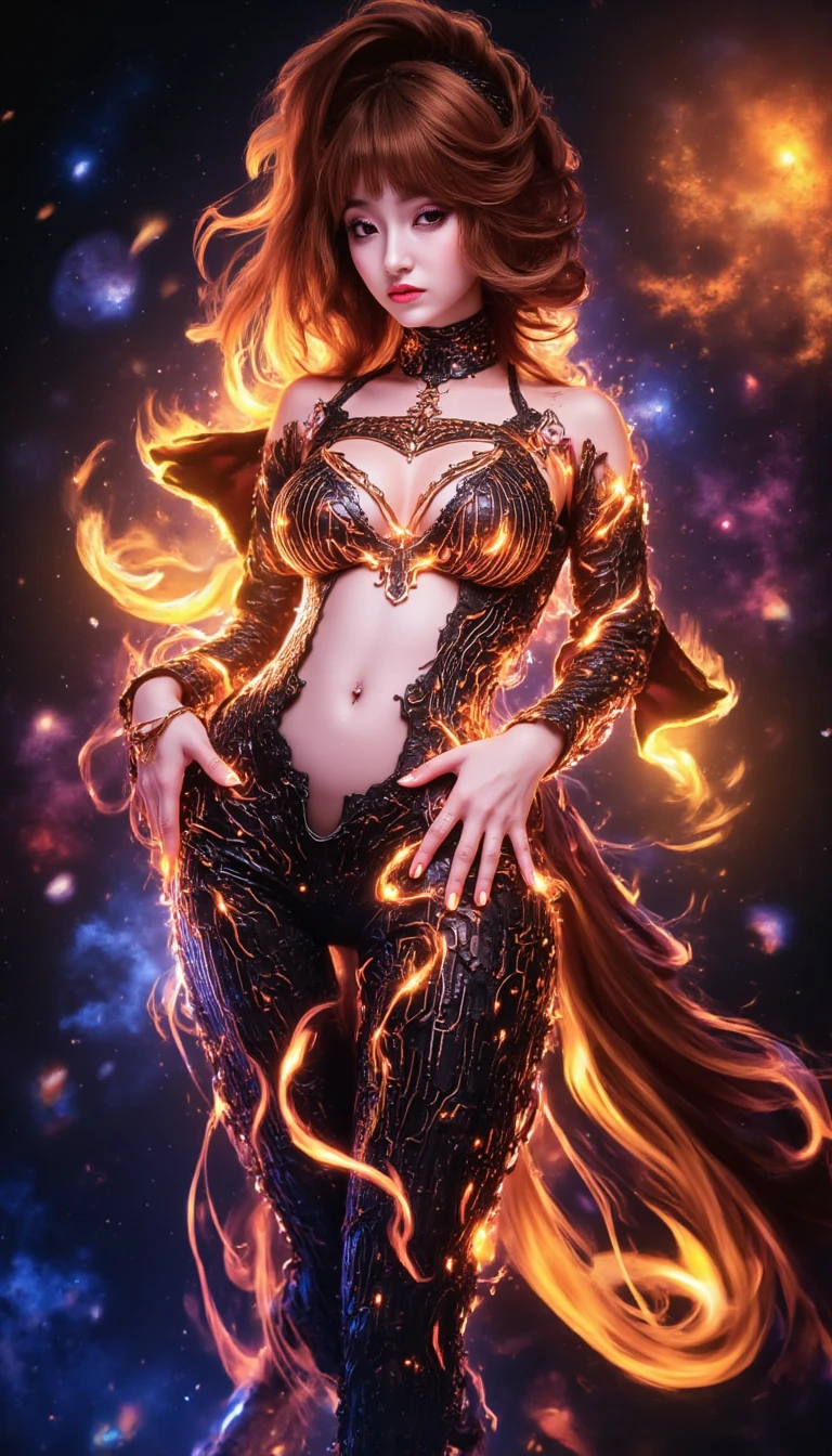 (((Masterpiece))), (((UHD))), (((Textured skin))), (((Super detail))), (((High details))), (((High quality))) (((full body view)), Describe a majestic Dark Elf, with textured skin in ebony tones, as she summons a colossal magic of fire. Her eyes shine brightly in a golden hue, reflecting the power she channels. Her silky black hair dances around her as blazing flames rise in spirals around her. The fire magic she summons is impressive in its intensity and detail. The flames dance and crackle with a vibrant color palette, ranging from reds, oranges and yellows, creating a visually stunning scene. The graphic details are meticulously rendered, from the intricate patterns on the Elf's clothes to the subtle outlines of smoke and embers floating in the air. Every detail is carefully crafted to provide an immersive and immersive visual experience. This high-quality, high-resolution image ((("Retina"))), with skin textures and visual elements (((super detail))), captures the moment when the Dark Elf channels all of her power, conveying a sense of power and mystery. The high-resolution scene (("Highres"))) provides an impressive view of this colossal fire magic, making the viewer feel enveloped by the intensity and dazzling beauty of this powerful elf. (((Hyperrealism style))).