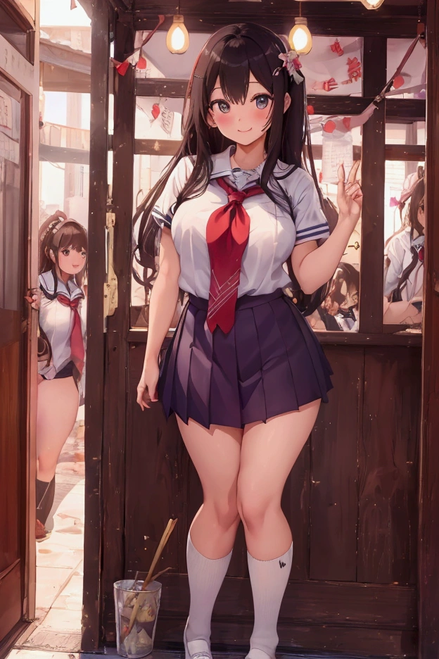 nsfw,(Best image quality、Highest quality、Highest Resolution、Ultra-realistic photos、Full body photo、masterpiece、16ｋ、）（Depiction of every detail）（Extra large M cup bust）（Super Harem）（high school girl）（Mr.々School uniform）（looking at the camera）（Super smile）