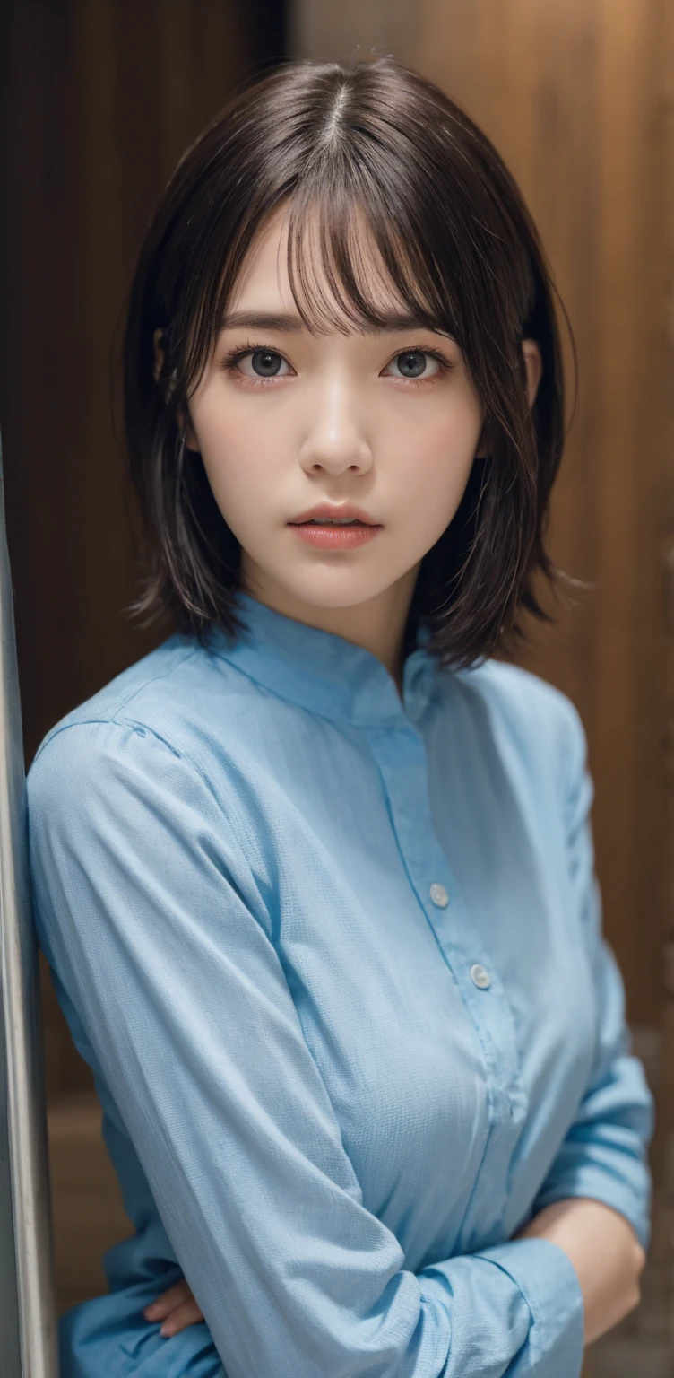 solo,  turning your gaze ,  high definition , masterpiece,  anatomically correct,  best quality, accurate,  Ultra High Definition,  textured skin ,  8k octane,  very short hair with bangs、woman、Close-up of face、 prisoner uniform、 criminal、 Astonishing Eye、Stern expression、 is staring at me、 simple background, 