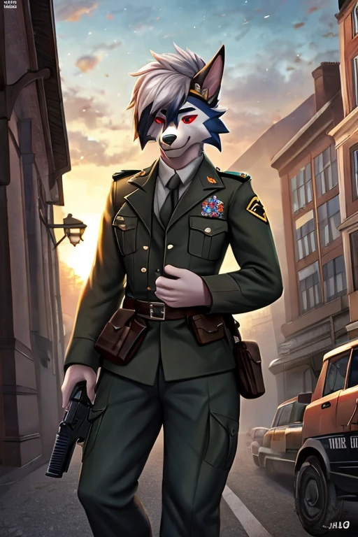  sure, Beautiful, incredible,  awesome, poster, Alone, (Twilight Lycanroc), the second, Clothes, wearing clothes from WWII Germany ,  leather jacket, with a gun in hand, com chapeu de general, Pants, Detailed background, city, Outside, strong physical body, large puffed out breastplates marked on German war clothing large, eyes, man, Men