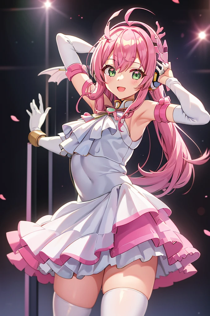 swordを持っている、 and smiles 、mecha wing、Thighs、tights、chest、 shiny pink hair 、 1 girl、 solo girl 、 headset 、sword、idol dress、idol skirt、mecha girl、I have a white armor 、 Pink wordを持っている,sword