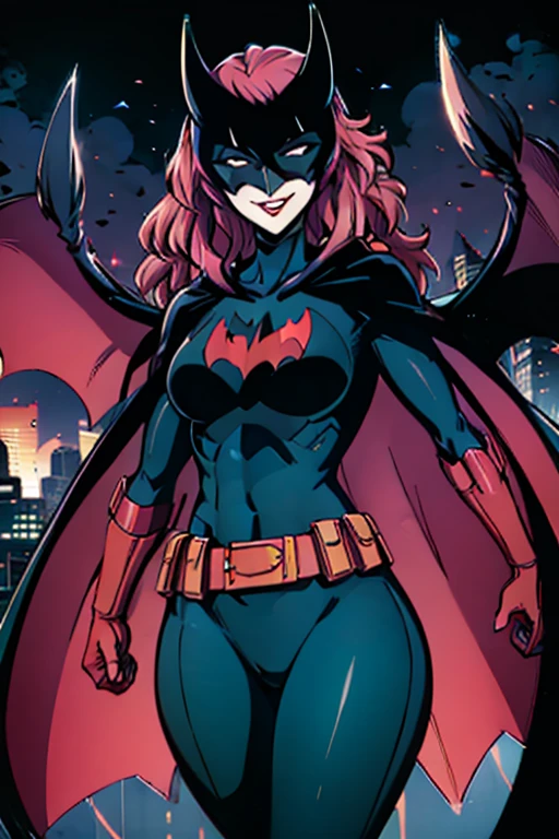 , 1girl, solo, sliver long cape, sliver cloak, mask, belt, blue eyes, superhero, long hair, lipstick, batwoman, park, smile, standing, (cape covering whole body)