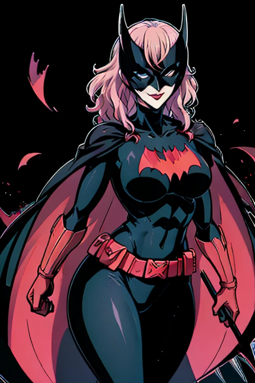 , 1girl, solo, sliver long cape, sliver cloak, mask, belt, blue eyes, superhero, long hair, lipstick, batwoman, park, smile, standing, (cape covering whole body)