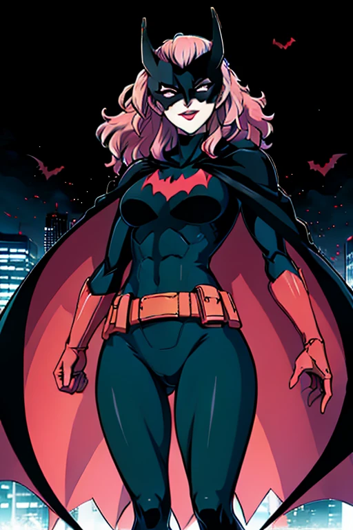 , 1girl, solo, sliver long cape, sliver cloak, mask, belt, blue eyes, superhero, long hair, lipstick, batwoman, park, smile, standing, (cape covering whole body)