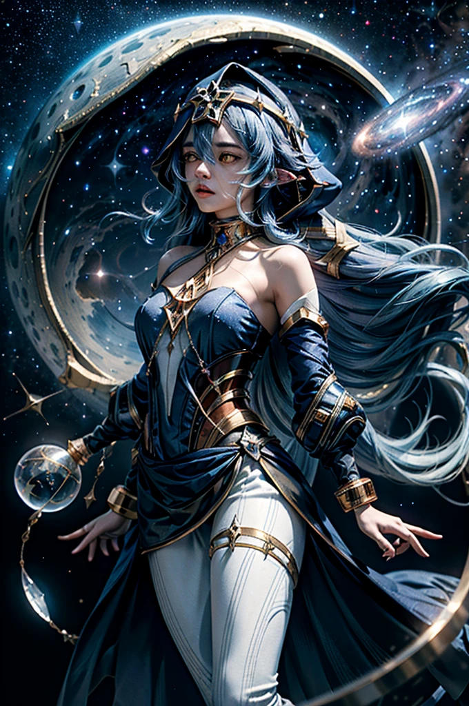 ( 1 girl, Long flowing blue hair ,  yellow eyes,  blue and white clothes, White leggings,  blue hood,  golden details and accessories , Bare shoulders) (( portrait close-up,   nebula floating in space  )) (masterpiece), ( best quality:1.4),  absurd, [: intricate detail:0.2],  1 girl, Flowing Robe,   Intricate Magical Circles  ,  glittering map of stars, constellations, and galaxies , Sparkling ring of light, Concentration,  Mysterious Spells ,  crackling energy ,  Floating Relics ,  Flickering Candles , Swirling Mist, Shining Star,  Mysterious Crystals , Glowing Seal , Supernatural Chanting ,  inexplicable symbols ,  Powerful Summon ,  Transcendental Consciousness , Cinematic Light,  Cinematic Shot ,  Dramatic Shots ,  art like movie posters 