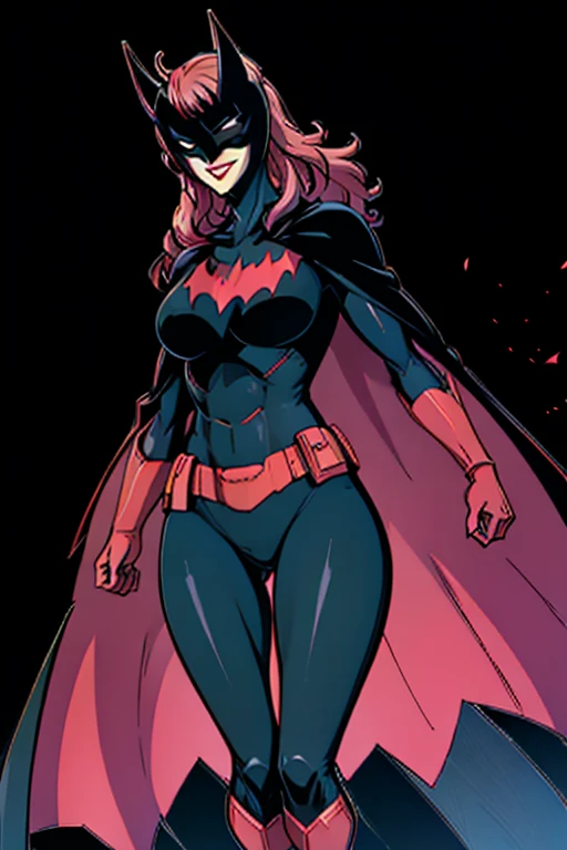 , 1girl, solo, long cape, cloak, mask, superhero, long hair, lipstick, batwoman, park, smile, standing, (cape covering whole body)