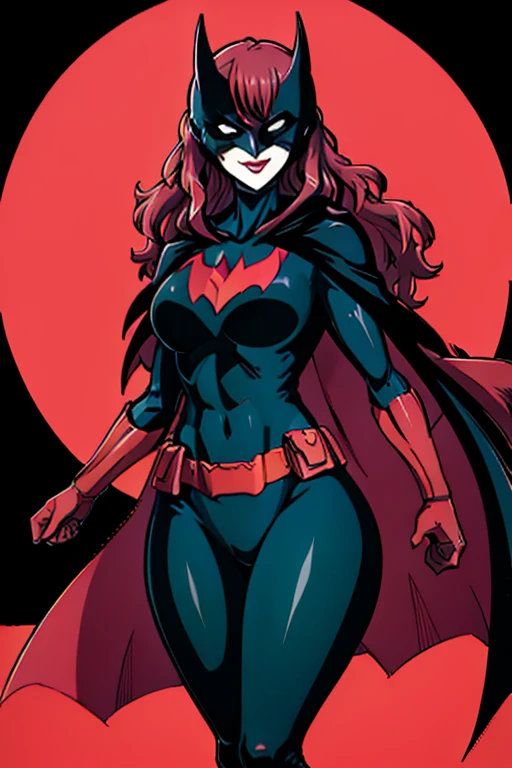 , 1girl, solo, long cape, cloak, mask, superhero, long hair, lipstick, batwoman, park, smile, standing, (cape covering whole body)