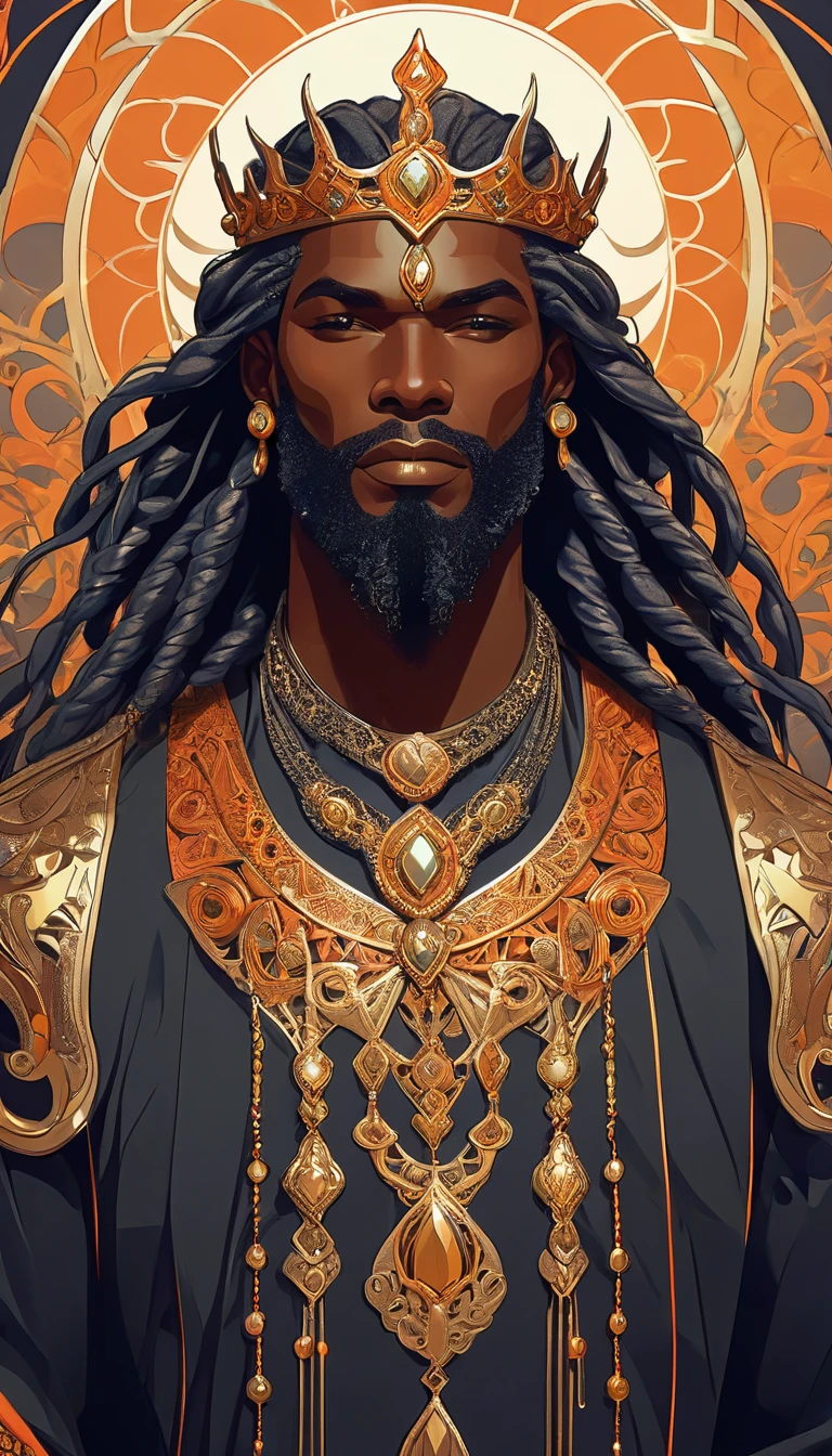 African king, villian, smoker, heavy smoke exhale, dreadlocks gold inlay, indifferent