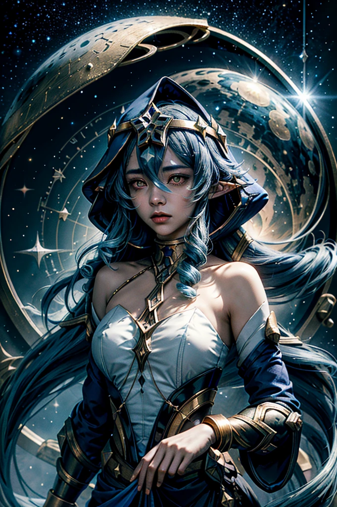 ( 1 girl, Long flowing blue hair ,  yellow eyes,  blue and white clothes, White leggings,  blue hood,  golden details and accessories , Bare shoulders) (( portrait close-up,   nebula floating in space  )) (masterpiece), ( best quality:1.4),  absurd, [: intricate detail:0.2],  1 girl, Flowing Robe,   Intricate Magical Circles  ,  glittering map of stars, constellations, and galaxies , Sparkling ring of light, Concentration,  Mysterious Spells ,  crackling energy ,  Floating Relics ,  Flickering Candles , Swirling Mist, Shining Star,  Mysterious Crystals , Glowing Seal , Supernatural Chanting ,  inexplicable symbols ,  Powerful Summon ,  Transcendental Consciousness , Cinematic Light,  Cinematic Shot , Dramatic shot,  art like movie posters ,Onmyoji，Metal Picture Frame，card，tarot cards：1.37. mysterious fortune teller wearing a hood，Finger taps an array of tarot cards in the air，Symbols and mystical elements，Ancient Mysterious Atmosphere ，Realistic illustration details，Vibrant and Powerful Composition ，Dark style， gothic
