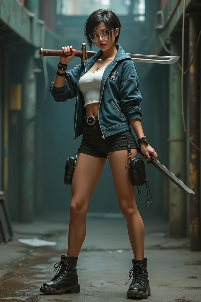 (best quality,4k,highres,masterpiece:1.2),ultra-detailed,(realistic,photorealistic,photo-realistic:1.37),HDR,UHD,studio lighting,extreme detail description,professional,vivid colors,bokeh,portraits,fallout 4 themed,beautiful woman,dynamic,photography,dramatic lighting,variety of weapons,sensual,torn,knives,glasses