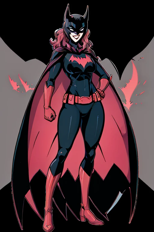 , 1girl, solo, long cape, cloak, mask, superhero, long hair, lipstick, batwoman, park, smile, standing, (cape covered full body)