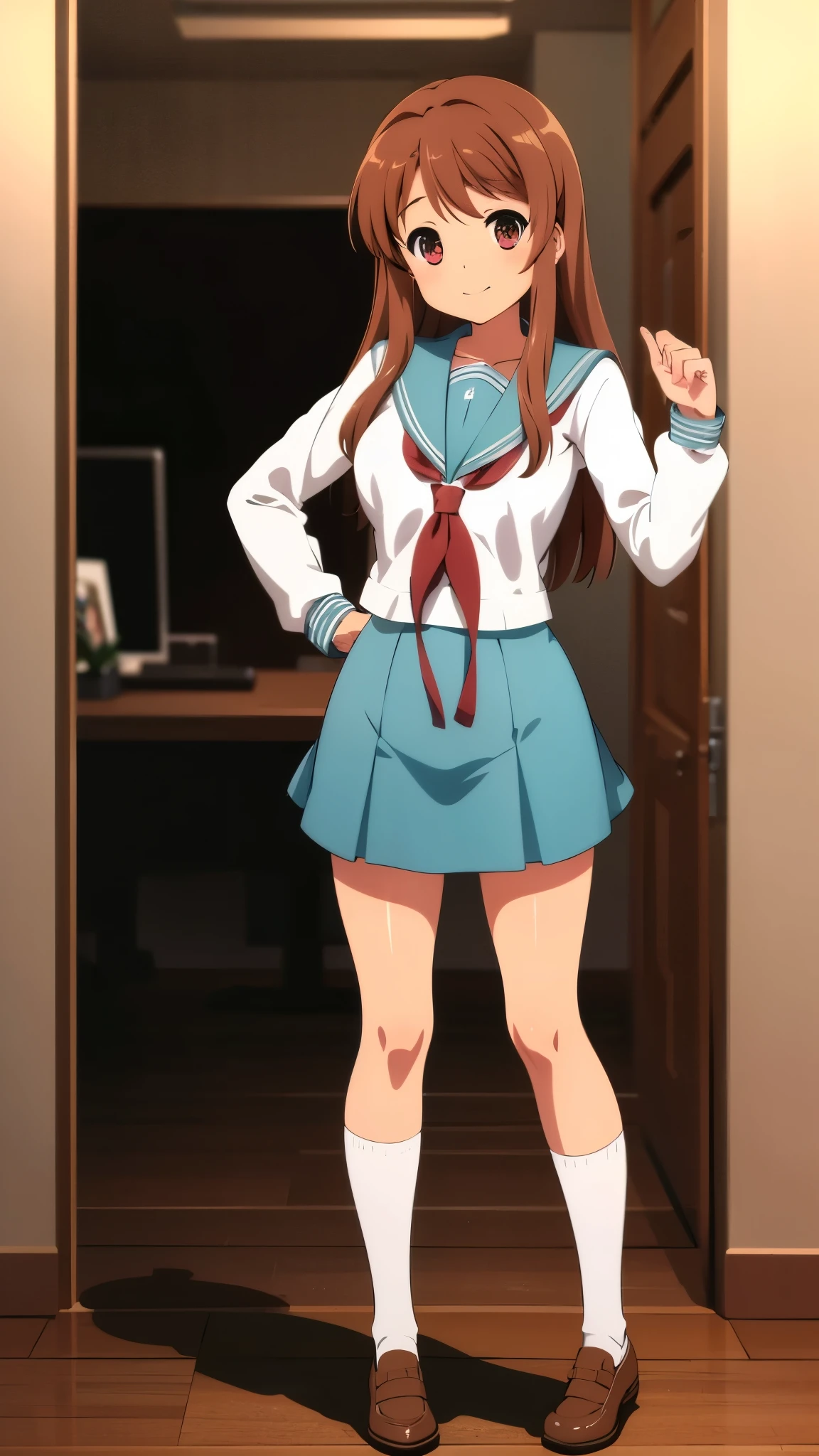 indoor, in crass room, standing, full body shot, wearing school uniform, busty, anime style, 8k, best quality, masterpiece, ultra high res, 
 high nose(1:2)