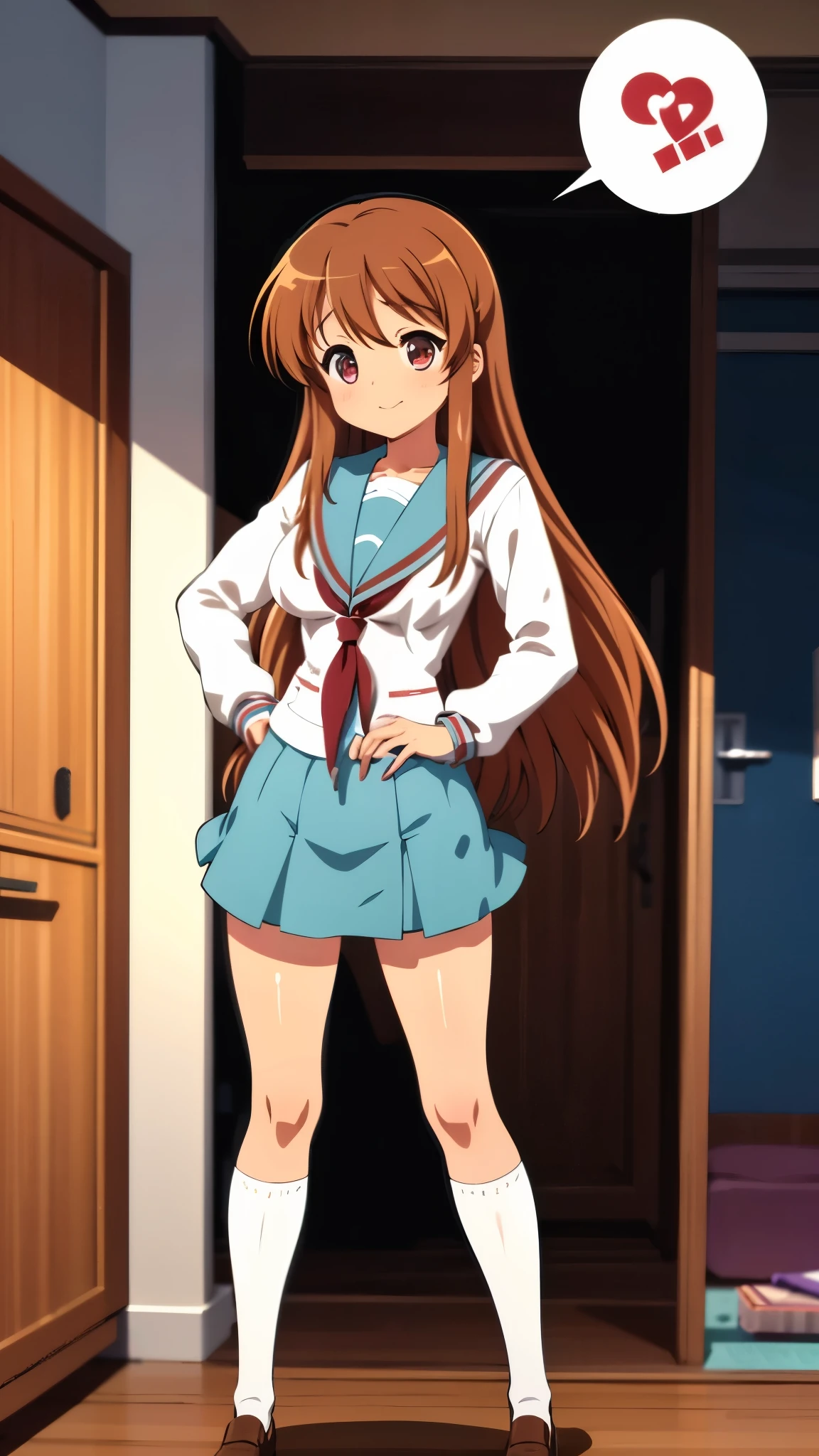 indoor, in crass room, standing, full body shot, wearing school uniform, busty1:2, anime style, 8k, best quality, masterpiece, ultra high res, big nose