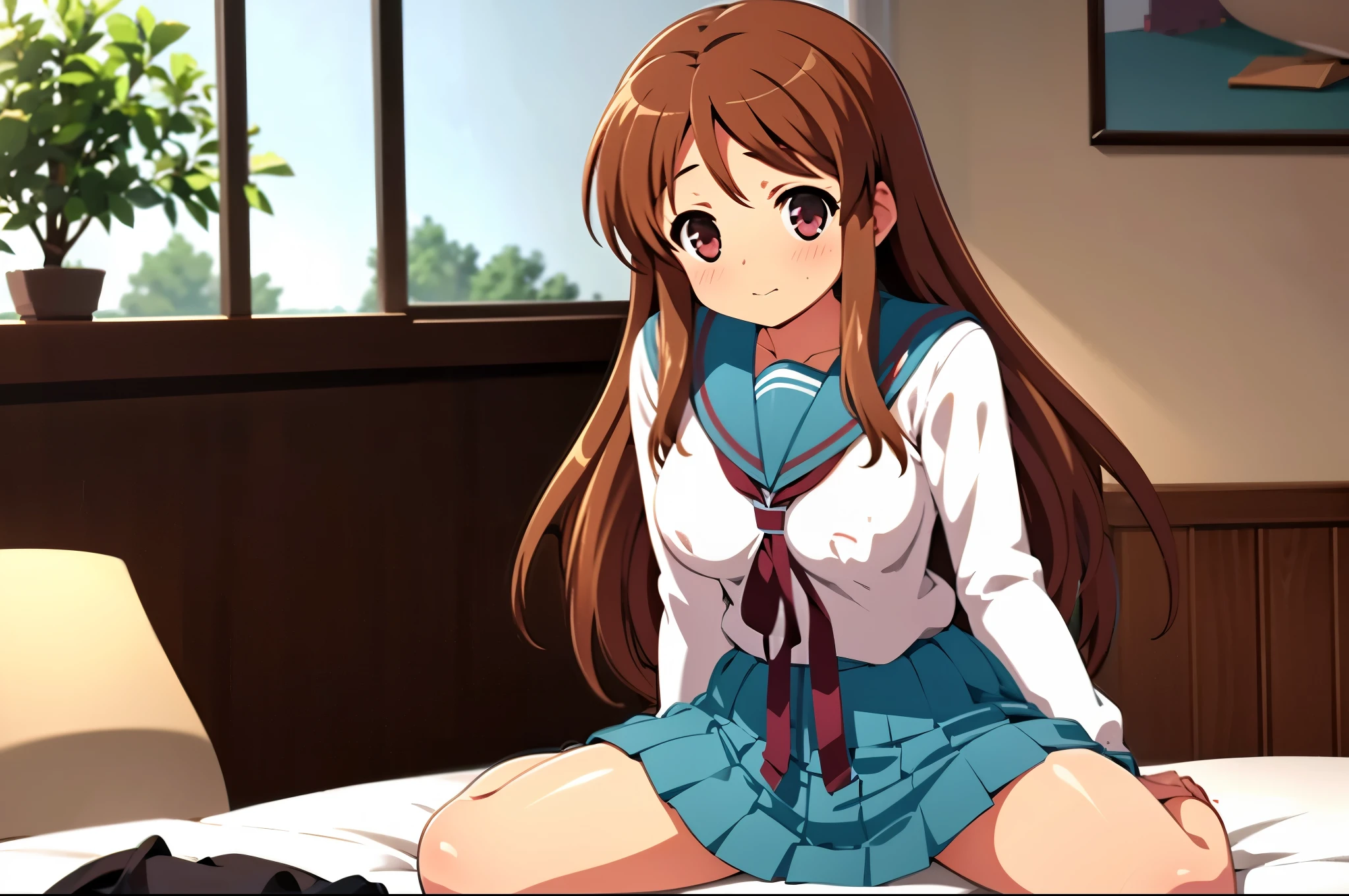 indoor, in crass room, sitting on bed, blush, shy, wearing school uniform, busty1:2, anime style, 8k, best quality, masterpiece, ultra high res, big nose