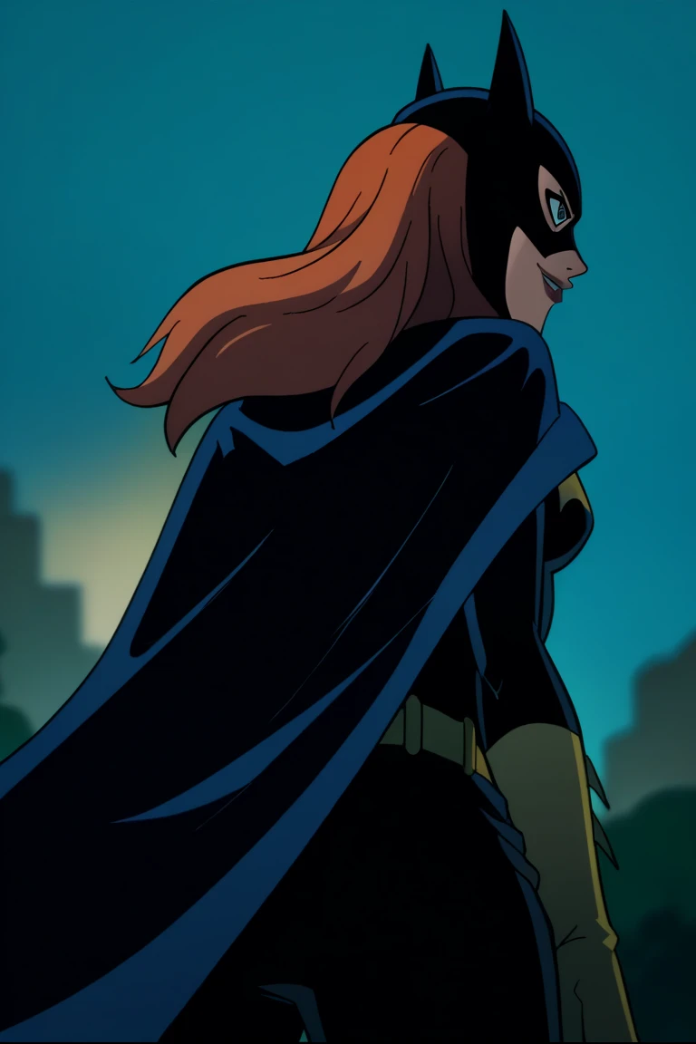 BarbaraG, 1girl, solo, blue cape, blue cloak, blue mask, belt, blue eyes, superhero, long hair, lipstick, batgirl, park, smile, look behind, from behind, cape covered , from below 