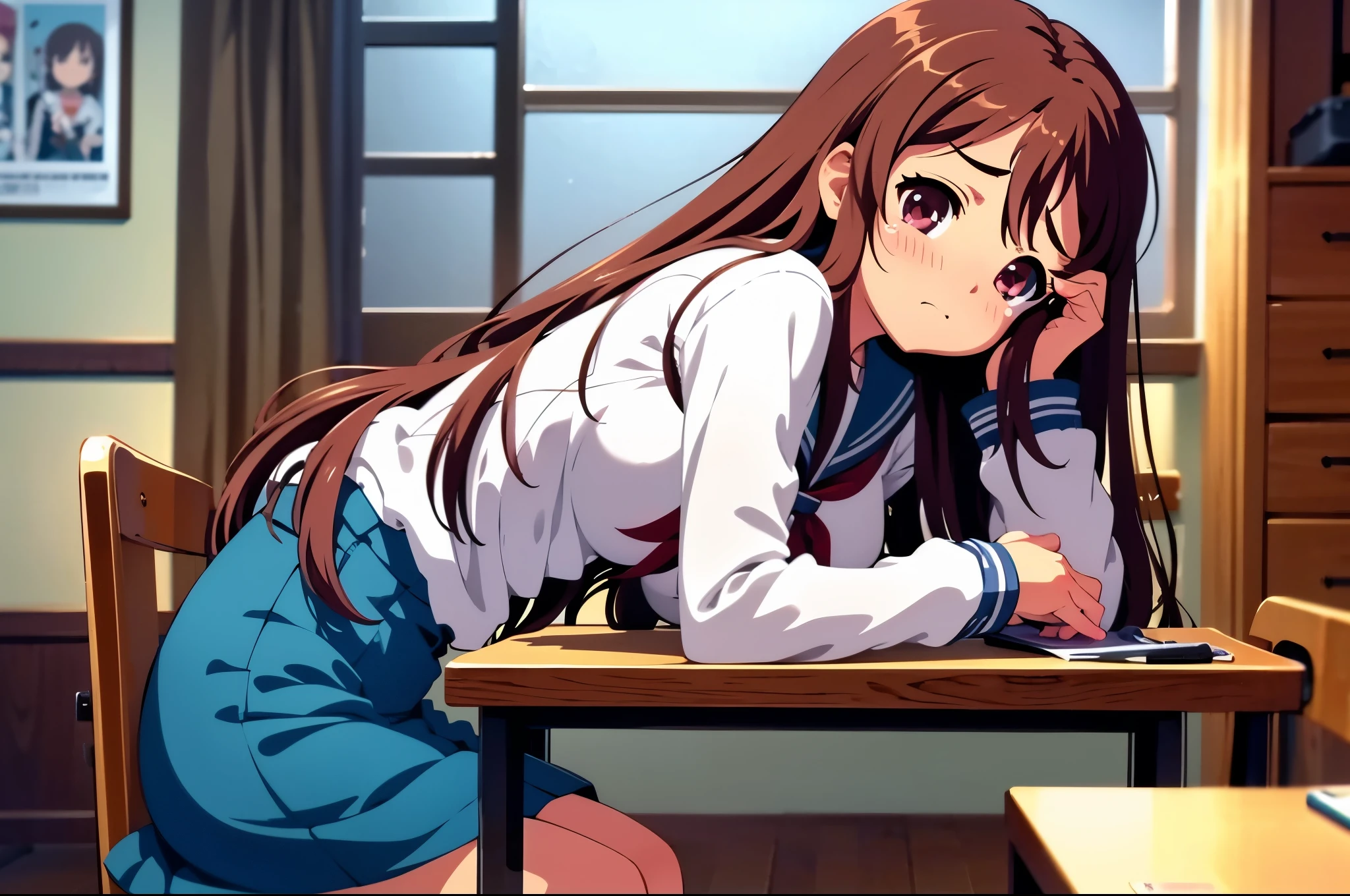 indoor, in crass room, from side, focus face, sad, tears, wearing school uniform, busty1:2, anime style, 8k, best quality, masterpiece, ultra high res, big nose