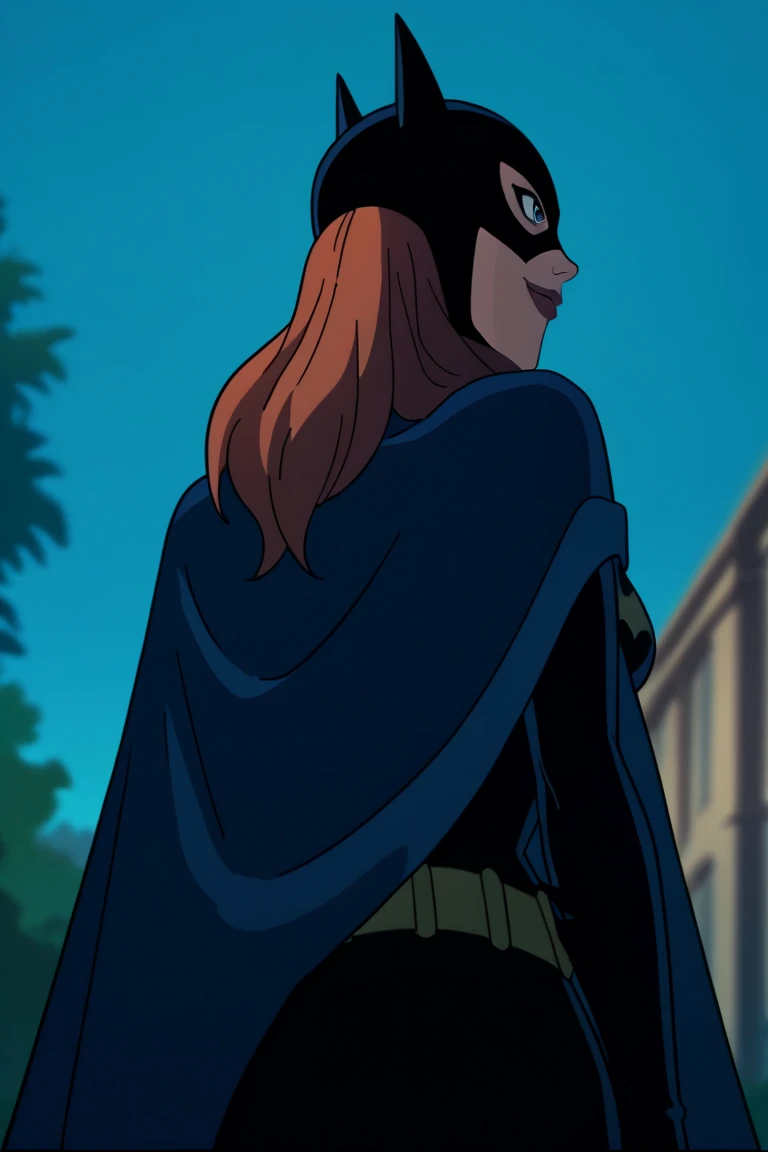 BarbaraG, 1girl, solo, blue cape, blue cloak, blue mask, belt, blue eyes, superhero, long hair, lipstick, batgirl, park, smile, look behind, from behind, cape covering, from below 