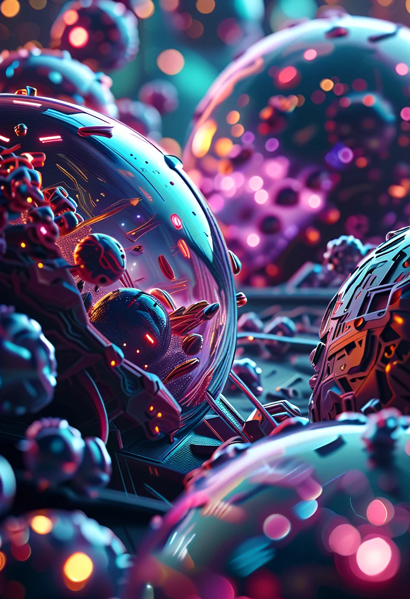 Realistic, with a "retro science fiction" theme, a battle unfolds in the microscopic world, between good cells and bad viruses, a dramatic depiction of the battle that repeats itself inside the human body, sophisticated design, advanced lighting technology, and 8K quality live-action photos.