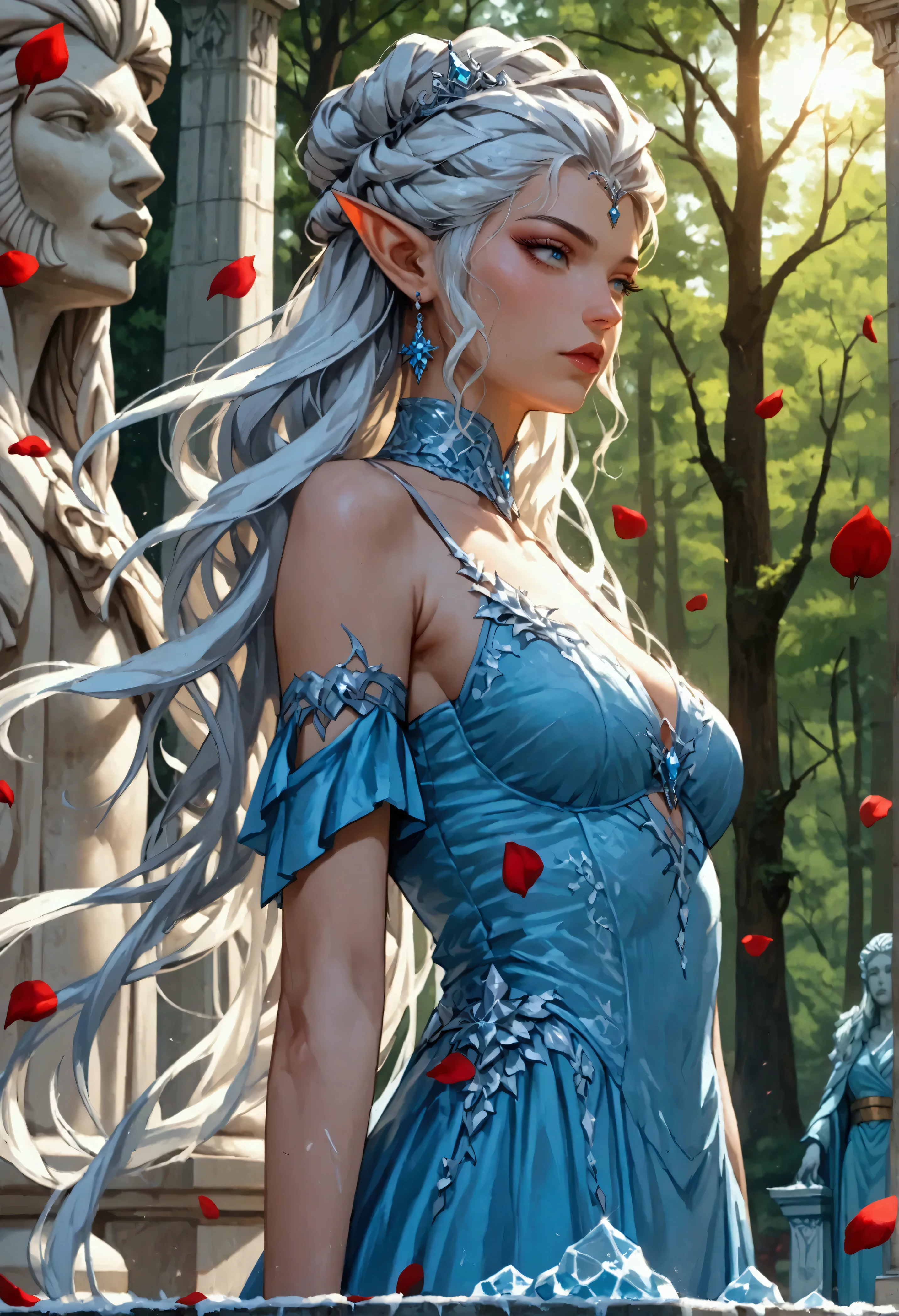 score_9, score_8_up, score_7_up, score_6_up, score_5_up, score_4_up,, anime comic illustration fantasy art, an ((ice statue: 1.5))  of an a beautiful female elf standing in forest, cloud of red petals swirling around the ice statue, full body statue made from ice, beautiful elf, long icy hair strands, wearing icy dress, epic flowing red petals: 1.3), swirling rose petals, fantasy forest background, it is dawn the sun rays reflect on the ice statue, sun rays hit the rose petals, ((high contrast: 1.5), [[anatomically correct]], high details, best quality, 8k, [ultra detailed], masterpiece, best quality, (extremely detailed), dynamic angle, ice queen