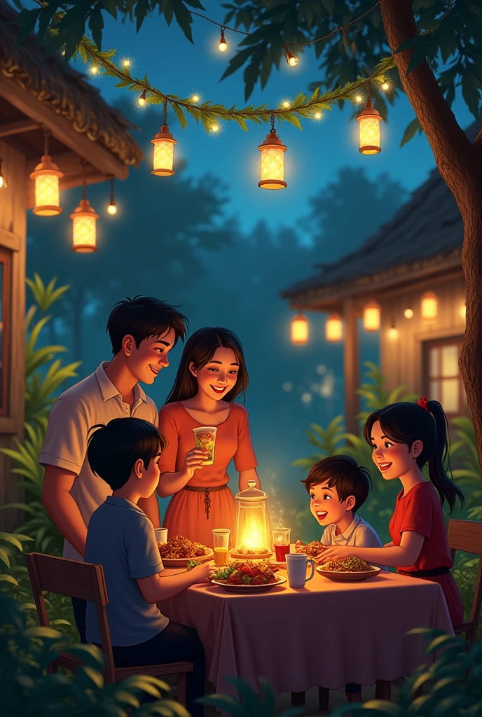 Family having dinner on dining table in mid of jungle and animals