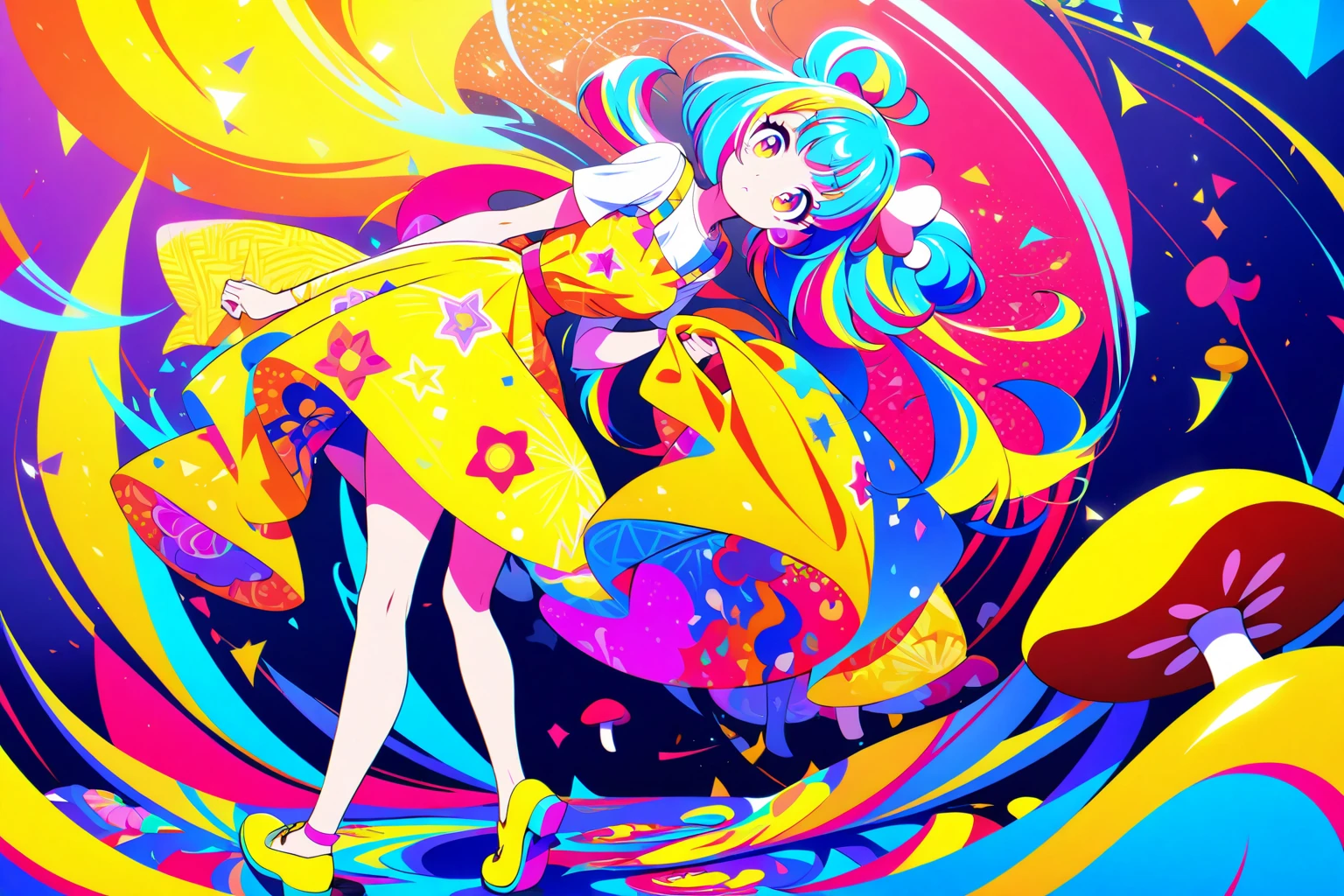 ((best quality)) , ((masterpiece)) , (detailed)，Color splash, (((1girl))) , wearing Shabby Chic Wrap dress, has metallic plating, Colored hair, ((Fossil fuel power station)) in background,psychedelic style . vibrant colors, swirling patterns, abstract forms, surreal, trippy