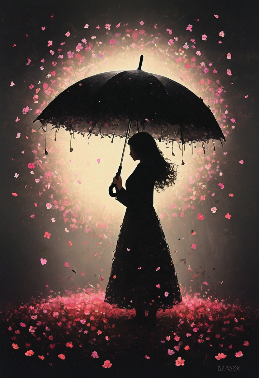 
1girl\(holding umbrella\(transparent,mass amount of petals decorate umbrella\)\), mass amount of petals filling in the air. petals cover ground. minimalism, simplism