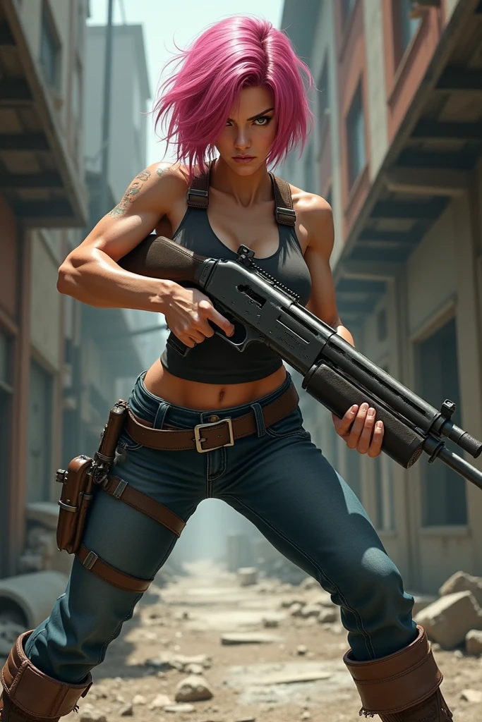 Very muscular black woman, well defined and large arms with an angry expression wearing a black punk glove on only one hand with short red hair above the ears on only one side, with the other side falling over one side of the face with one side shaved wearing gold hoop earrings, eyes browns, wearing a black skirt above the knees and a sweaty white tank top, large breasts and high heels, realistic styling, wearing a sawed-off shotgun on his back and a Hello Kitty mask in one hand, eating a donut, chubby belly, muscular legs and big muscular arms, very high
