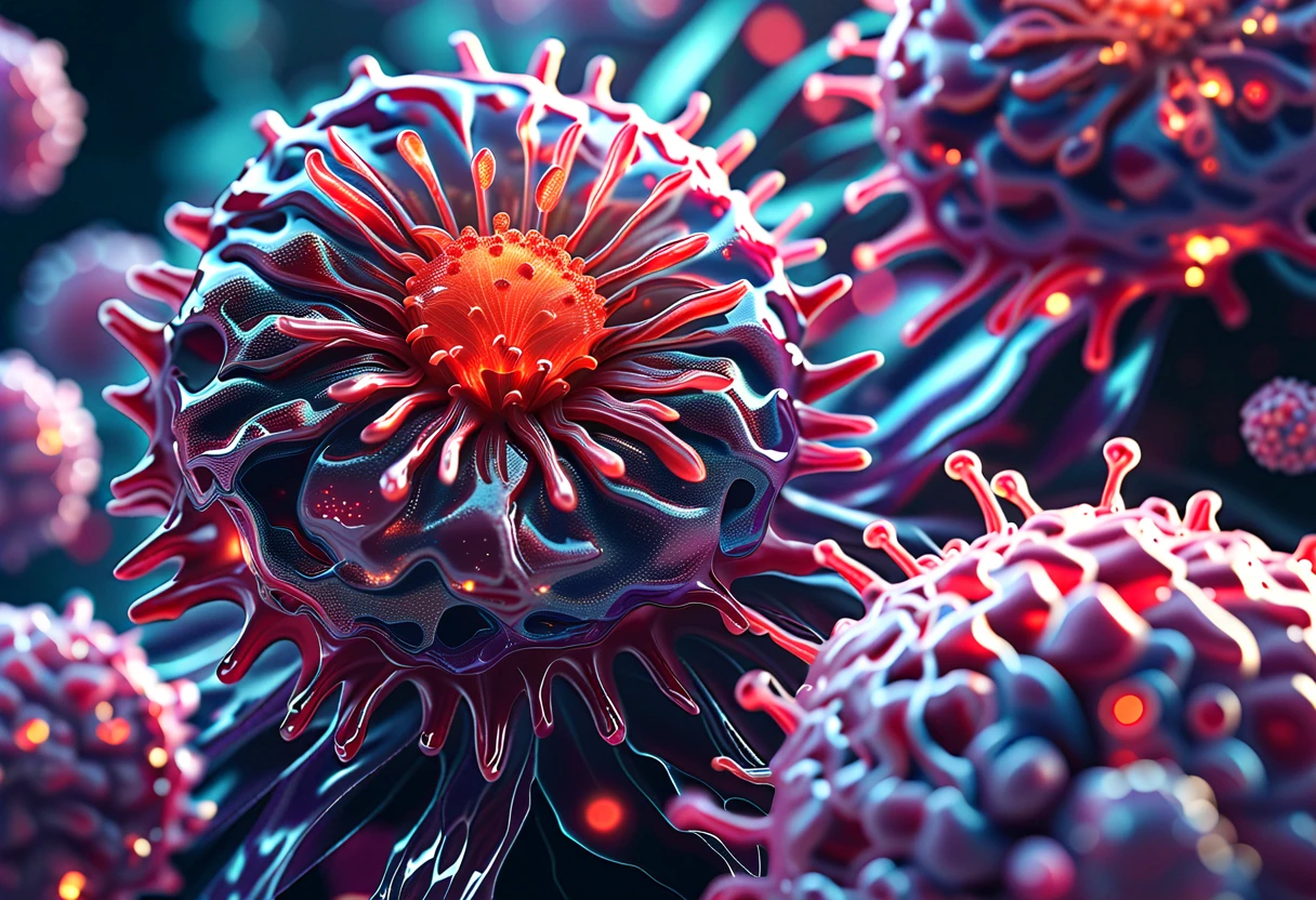 Realistic, with a "retro science fiction" theme, a battle unfolds in the microscopic world, a battle between immune cells and viruses in the blood vessels of the human body, a dramatic depiction of the battle that repeats itself within the human body, sophisticated design, advanced lighting technology, and 8K quality live-action photos.